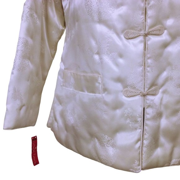Vintage 80s NWT Fortune Quilted Jacket L Asian Brocade Pockets Frogs Satin Ivory - Picture 3 of 11